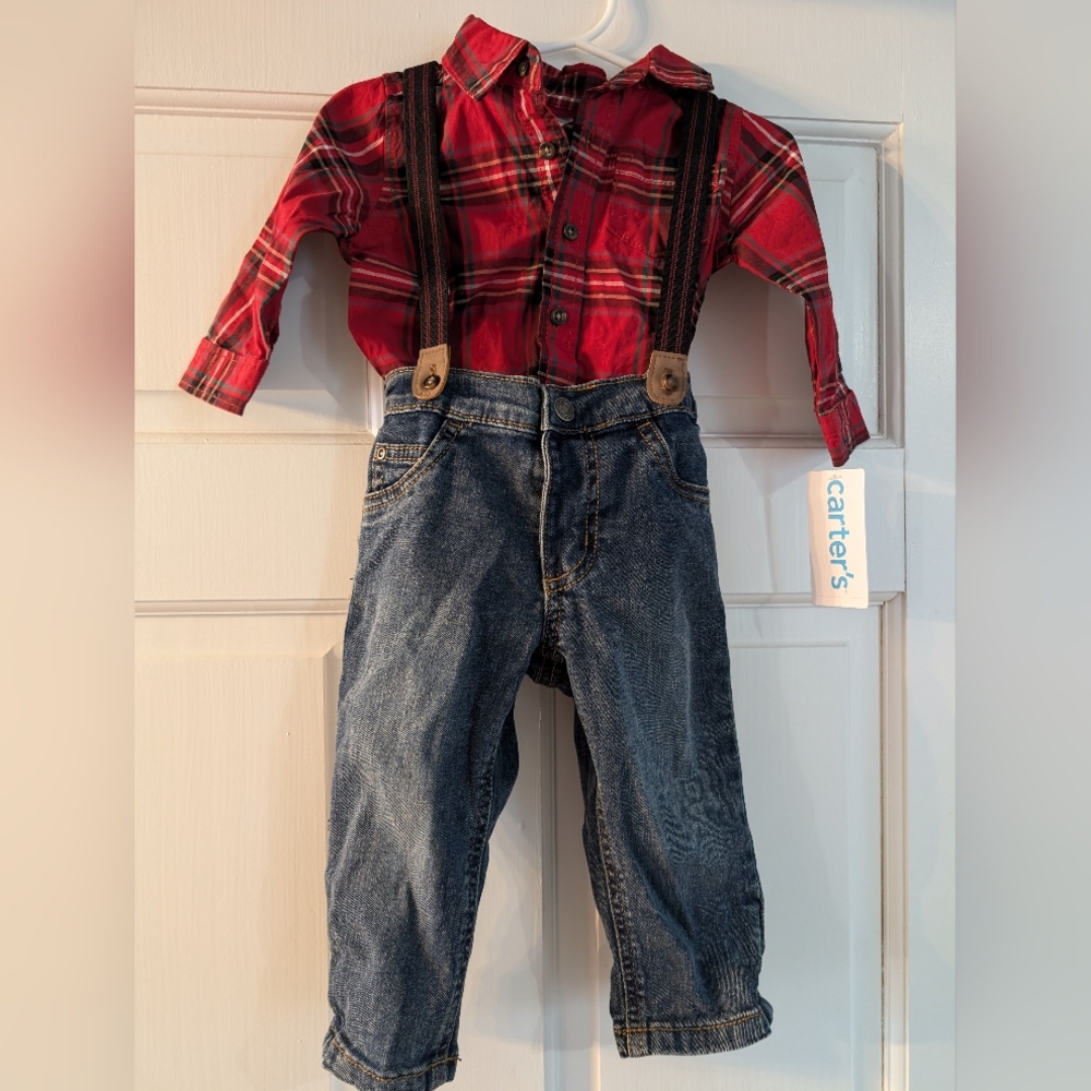 Baby boy plaid outfit with suspenders